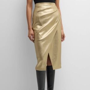 Elie Tahari Metallic Gold Vegan Faux Wrap Midi Skirt